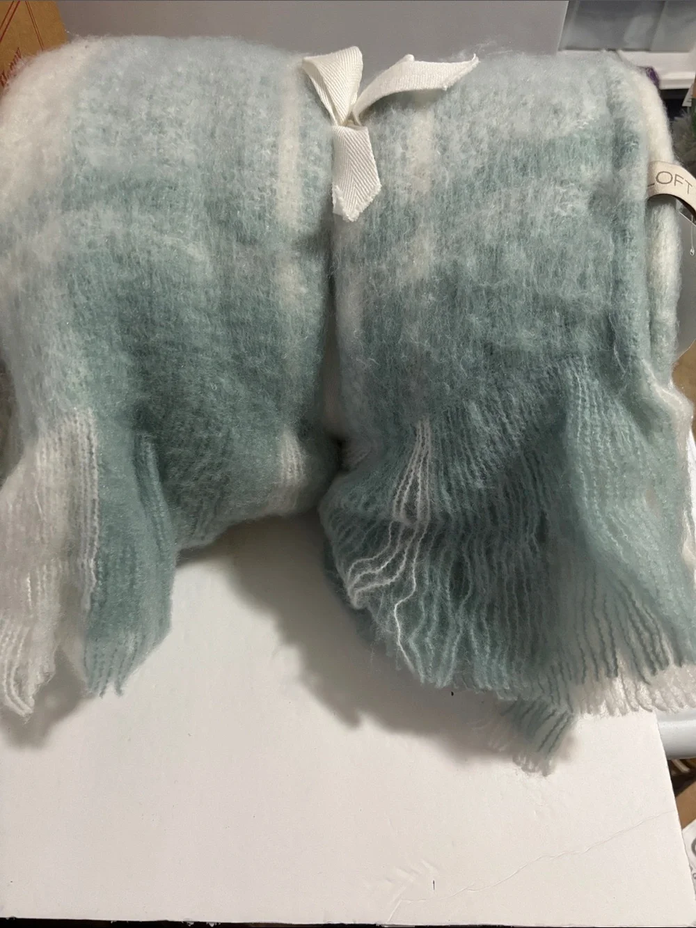 LOFT Mint Green and White Fuzzy Throw Blanket New